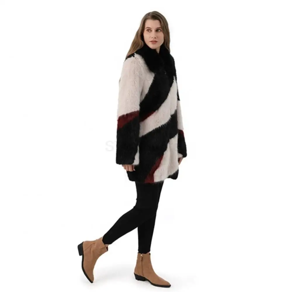 Winter Fashion Loose Warm Thick Real Fur Women Jacket Long Zipper Lapel Real Fur Mink Coat Leisure Elegant Striped Windbreaker