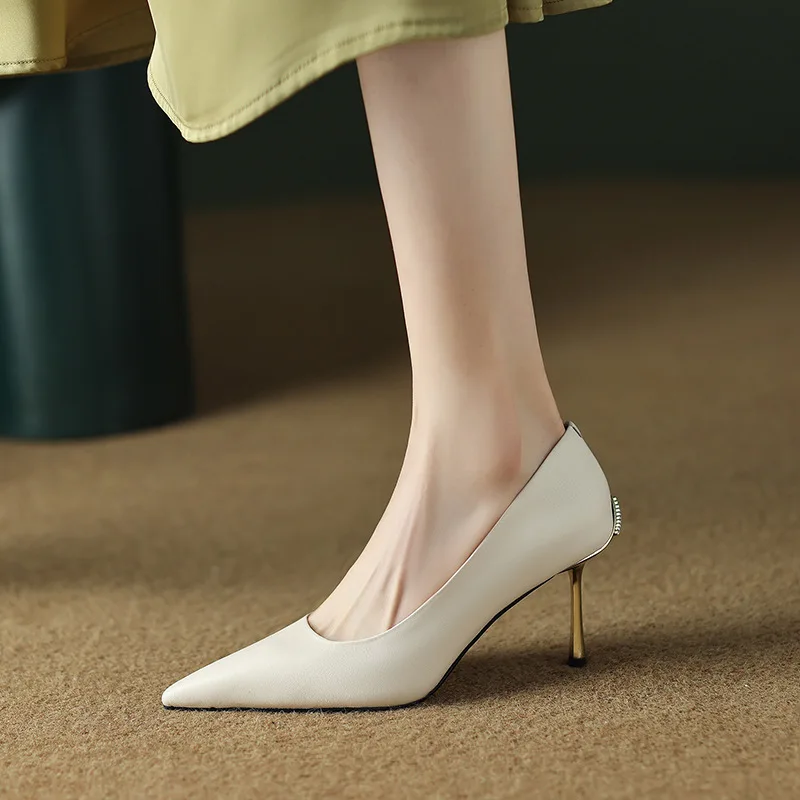 

Новинка 2023, черные женские туфли на тонком каблуке, женские туфли на высоком каблуке во французском стиле, обувь из натуральной кожи