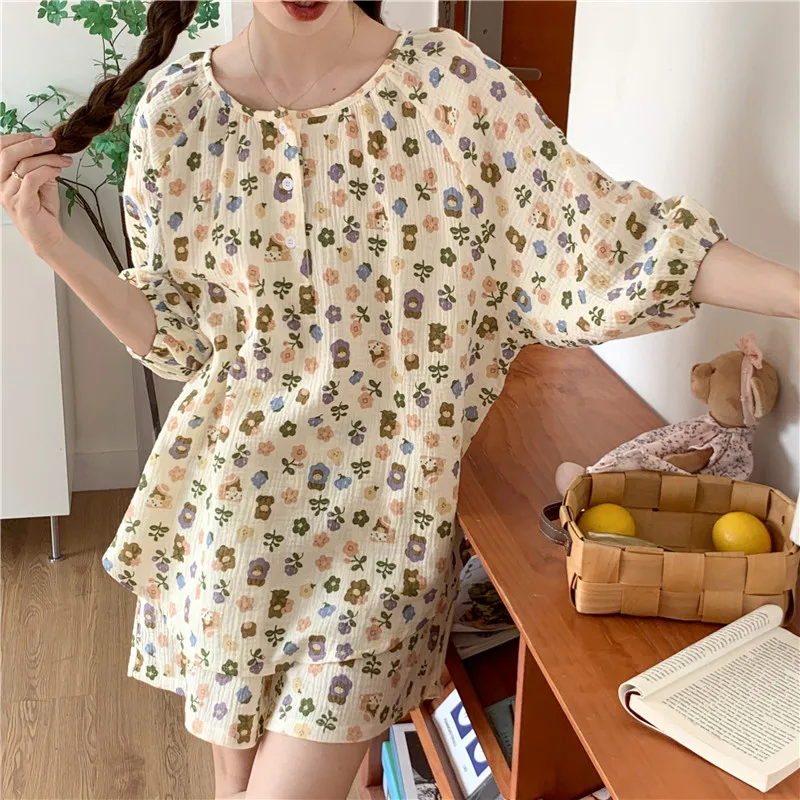 

100% повседневный летний хлопковый костюм с шортами и круглым вырезом, удобная домашняя пижама с принтом, милая Пижама, пуловер, комплект из к...