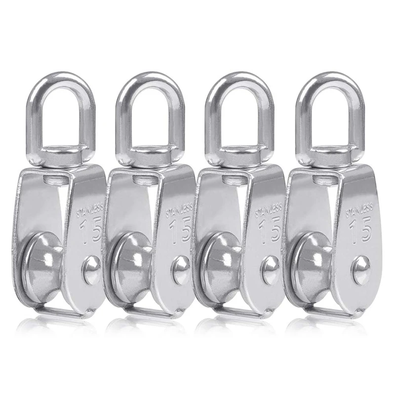 

4PCS Single Pulley Block M15 Stainless Steel Small Pulley Roller For Rope Cord In Outdoor 360°Swivel Silver Pulley