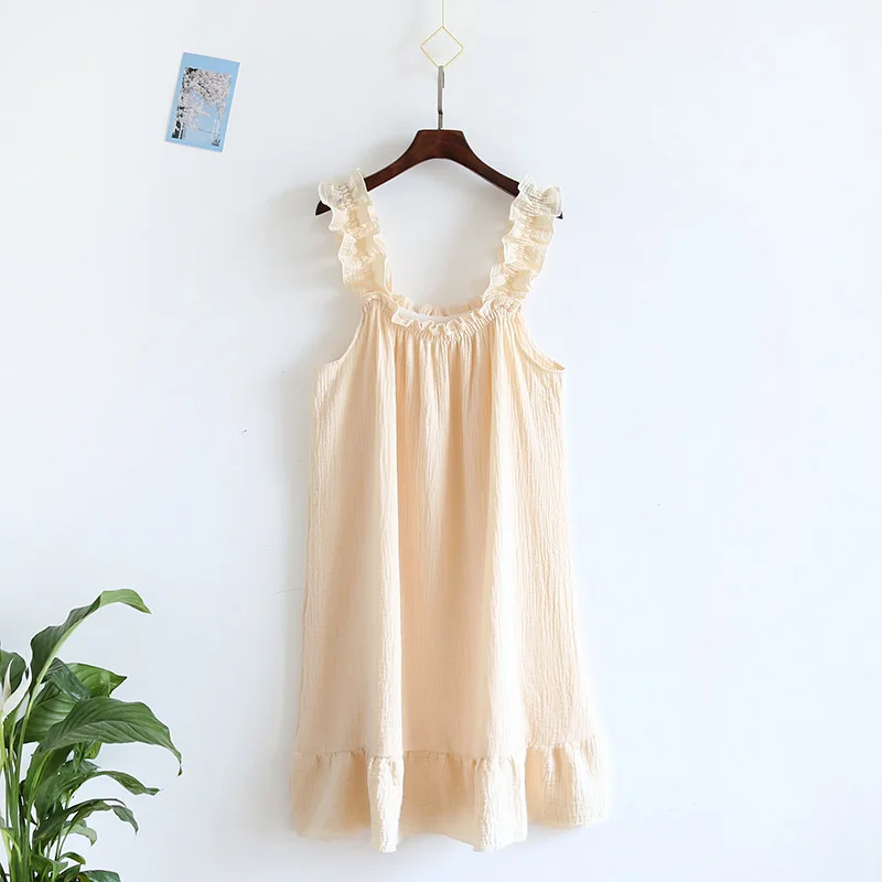 2023 Summer New Style Nightdress Ladies 100% Cotton Crepe Thin Vest Suspender Skirt Loose Long Skirt Sweet And Cute Home Skirt