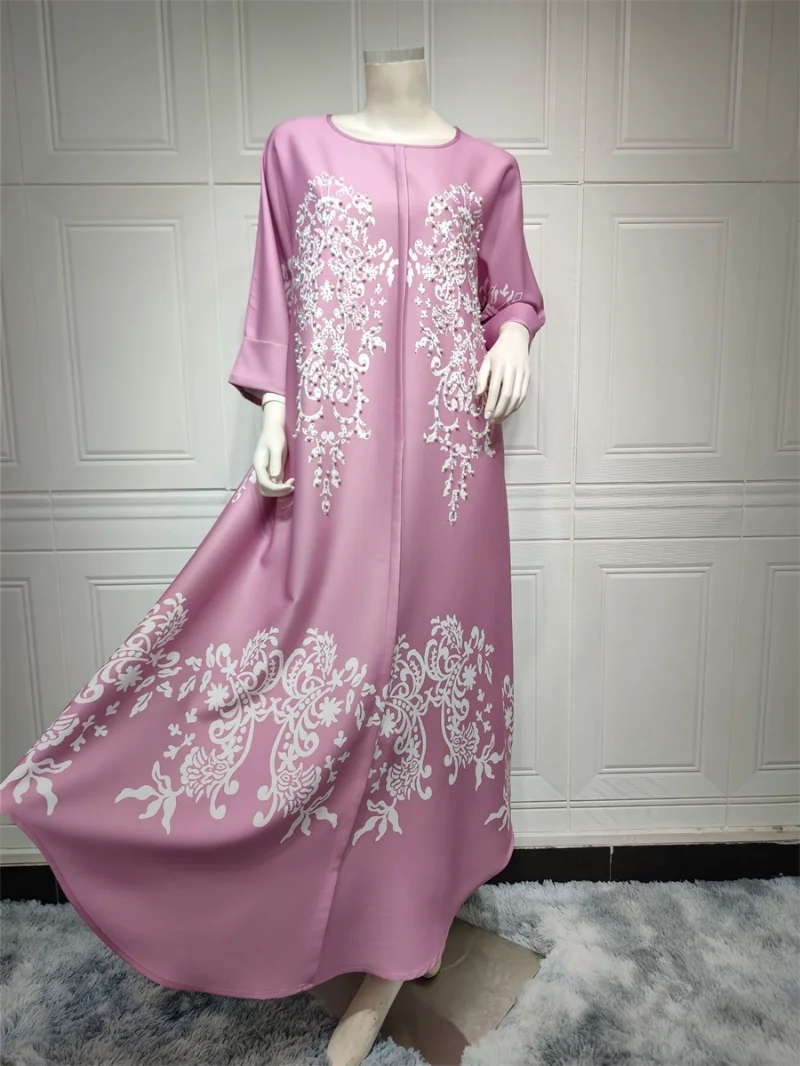 Arab Long Dress for Women Elegant Ethnic Print Beaded Muslim Moroccan Jalabiya Corban Eid Al Adha Party Evening Dresses