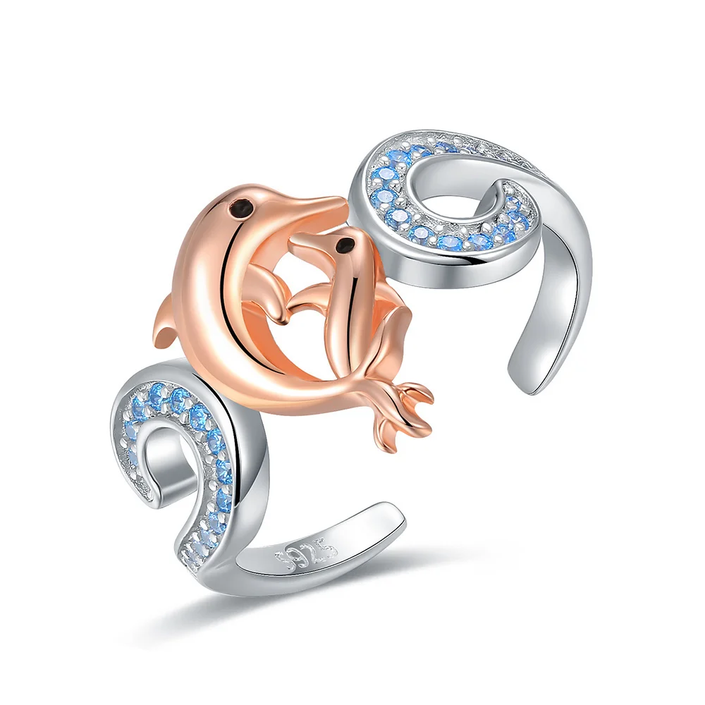 

Sterling Silver Animal Dolphin Mother and Kids Adjustable Ring Open Waves Rings Jewelry Valentine Day Gifts for Women Teen Girls
