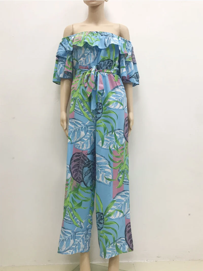 Summer Fashion Floral Jumpsuit Women's Short Sleeve Chiffon Pants Holiday Beach Ruffle lace high waist lace up jumpsuit female