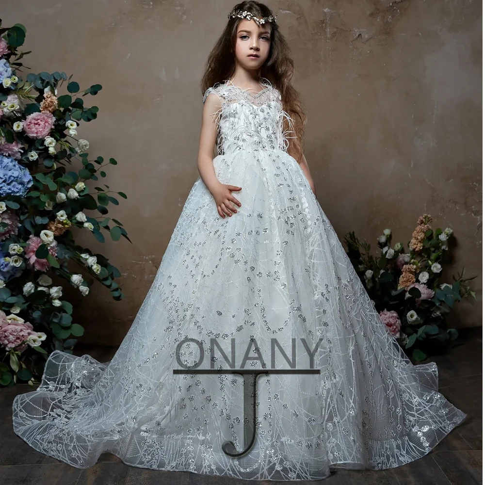JONANY, изящное платье с цветами для девочек, блестящее платье с перьями, Прямая поставка, детское платье для первого причастия, красивое праздничное платье, платье с вырезом