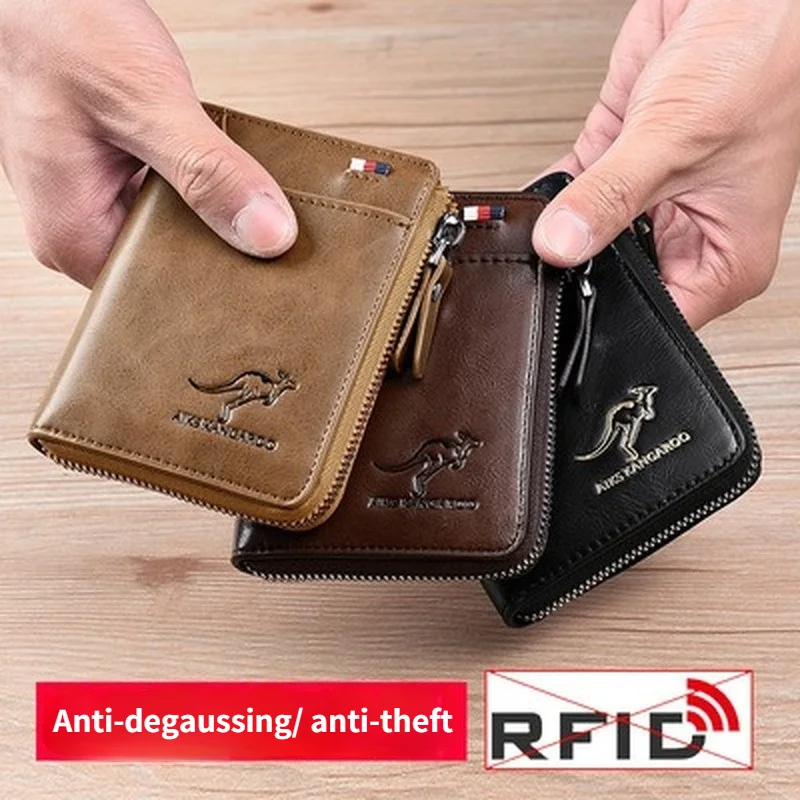 

Kangaroo Credit Card Holder Case RFID Blocking Vintage Business Anti-Theft Clutch Short Men's Leather Wallet Large Capacity