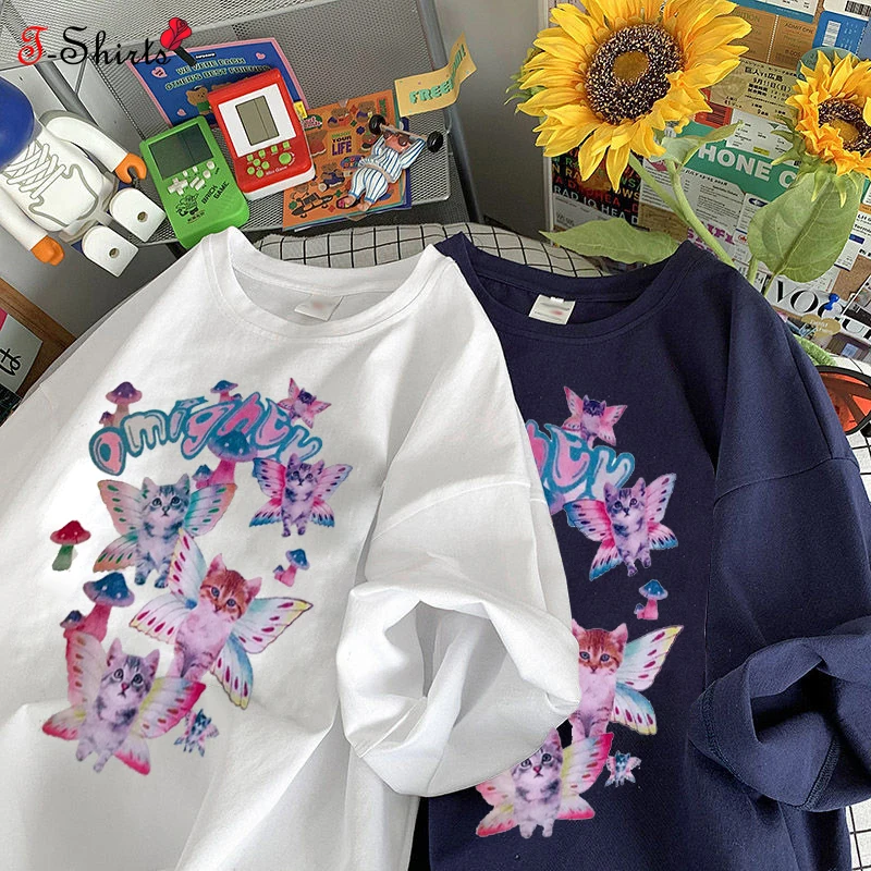 

Harajuku Women T-shirt Butterfly Mushroom Cat Print Oversized Tshirt Short Sleeve Top Y2K Casual Street Vintage Tshirt Punk