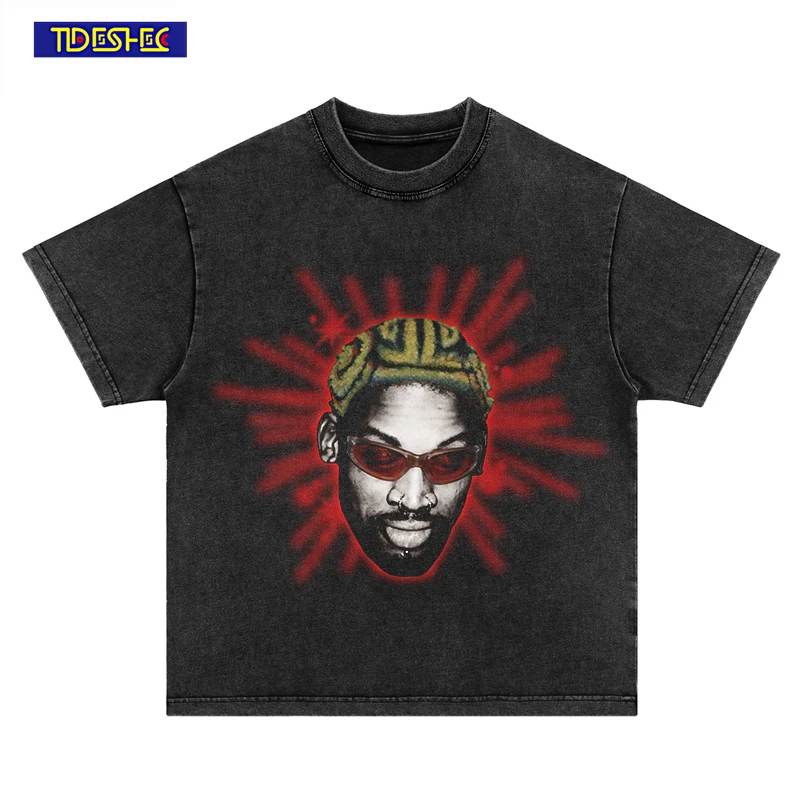

Rodman Portrait Graphic Print Men T-Shirt Retro Washed Short Sleeve Casual T-shirt Hip Hop Streetwear Vintage Summer Tshirt Tees