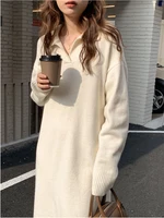 elegant women polo y2k sweater dress 2022 autumn winter full sleeve loose casual female pullovers knitted mid dresses f522b