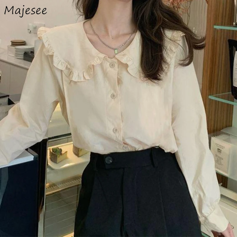 

Peter Pan Collar Shirts Women Sweet French Style Solid Tender Loose Casual Autumn New All-match Vintage Elegant Girl Long-sleeve