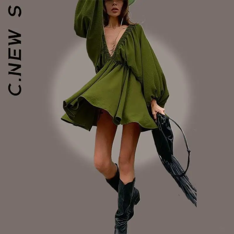 

C.New S Dress Women New Vintage Party Dresses Sexy V-Neck High Waist Low Cut Green Pleated Dresses Harajuku Simple Clothing