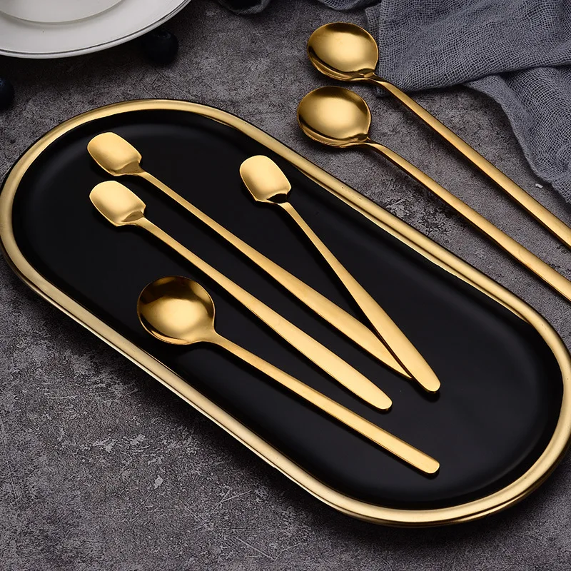 

12pcs/Set Stainless Steel Coffee Spoon Stirring Spoon Long Handle Golden Teaspoons Ice Cream Dessert Tea Soup Spoon Kitchen Tool