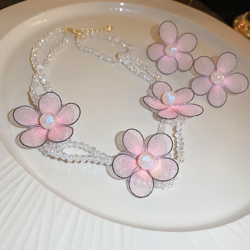 

Minar Fairy Imitation Pearl Pink Color Cloth Yarn Flower Chokers Necklaces for Women Femme Clear Crystal Beaded Necklace 2023