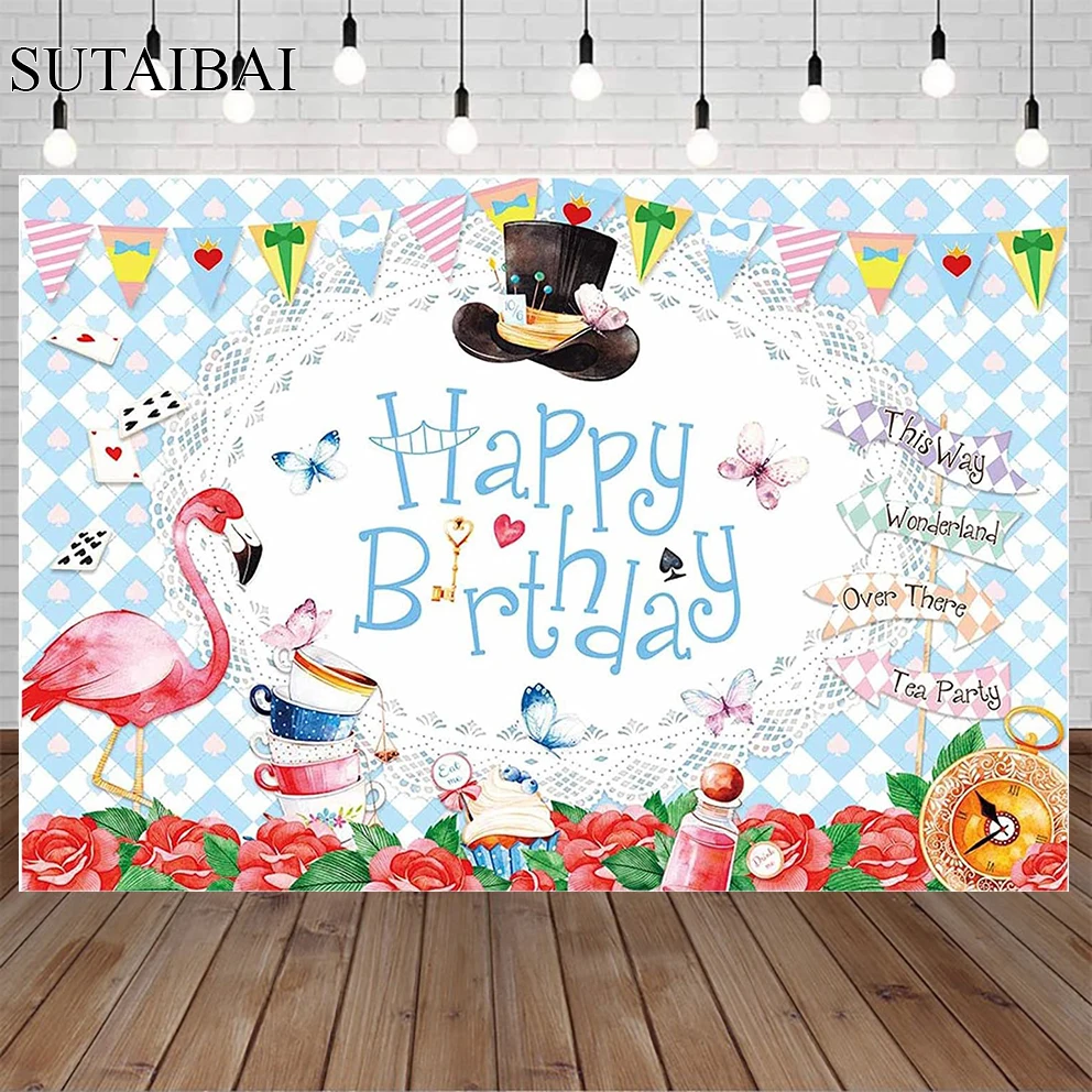 

Girl Baby In Wonderland Birthday Backdrop Blue White Tea Party Photo Rose Teapot Playing Cards Decoration Kids Photoshoot Props