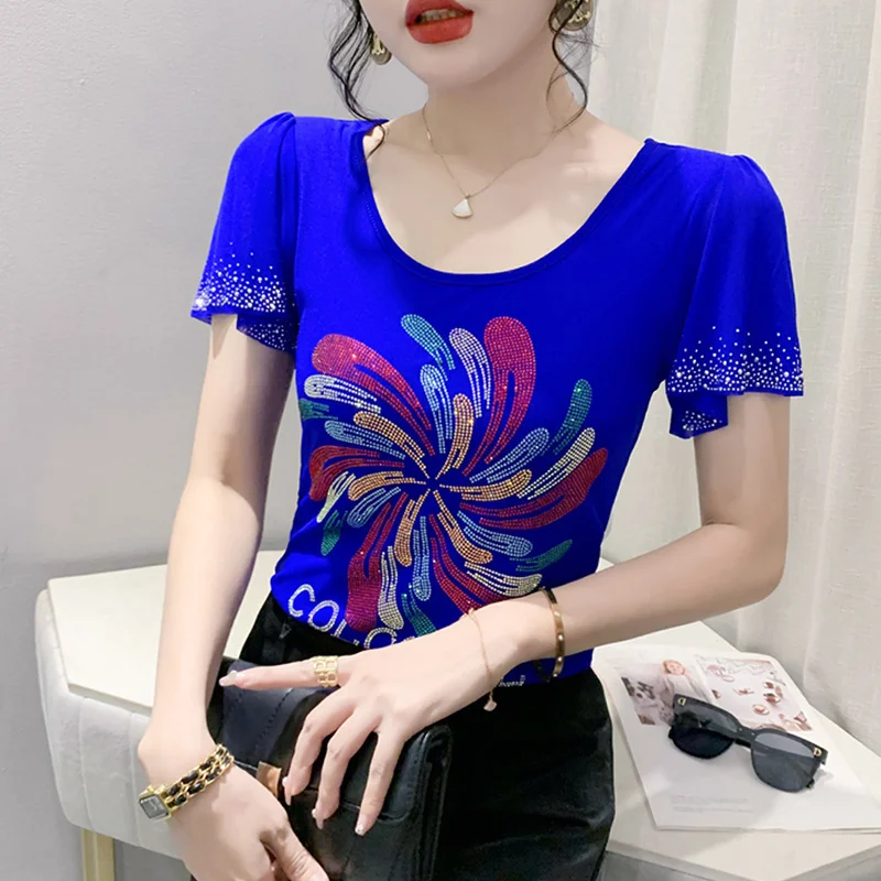 # 5693 Черная синяя сетчатая футболка с бриллиантами сексуальная облегающая