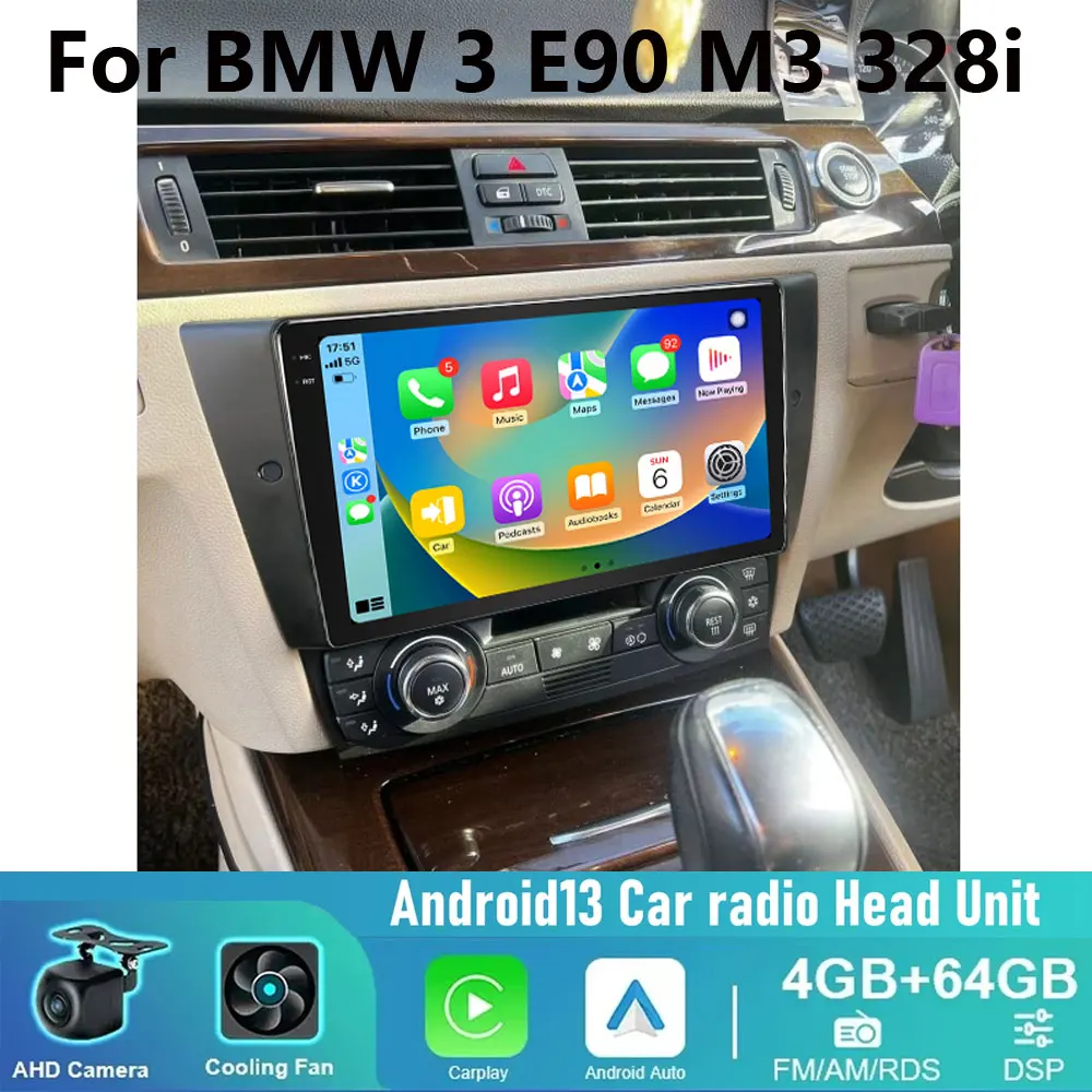 Фото Для BMW 3 E90 M3 328 беспроводной Carplay Android Auto 4-64 ГБ Android 13 автомобильное стерео радио GPS Wi-Fi №1