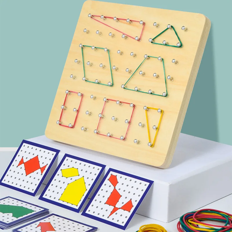 

Graphics Geometric Rubber Nail Board with Card Math Teaching Aids Wooden Montessori Creative Education Toy for Preschool Kids
