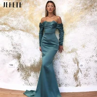 jeheth grey green mermaid long sleeves off shoulder satin evening dress lace up backless formal prom party gown robes de soir%c3%a9e