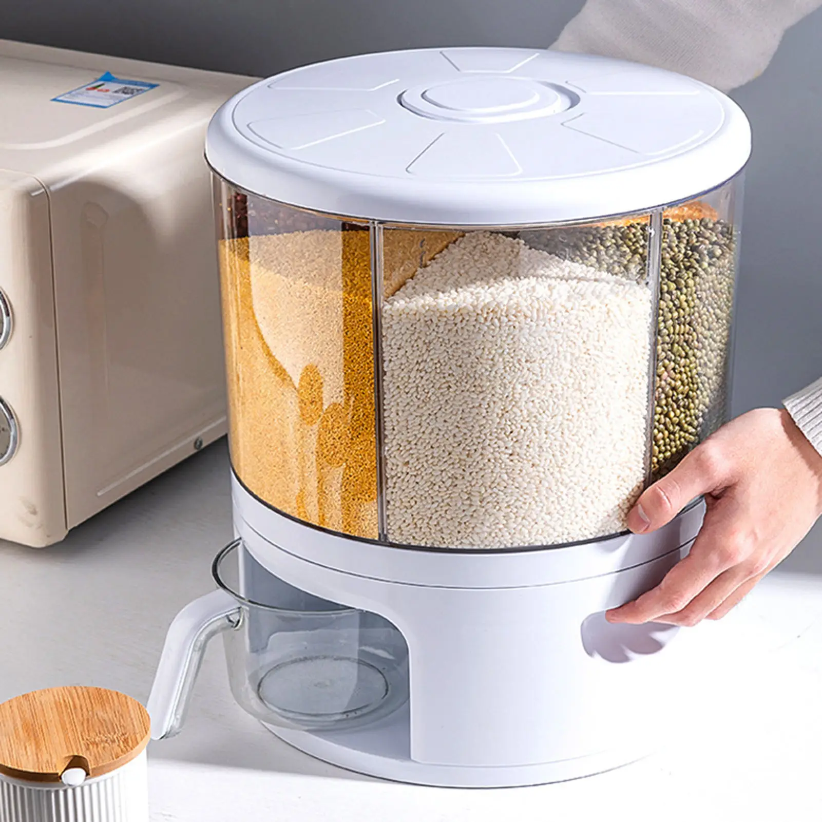 

360 Rotatable Grid Cereal Airtight Container Box For Rice Beans Grains Laundry Scent Bead Kitchen Rotating Dry Food Dispenser