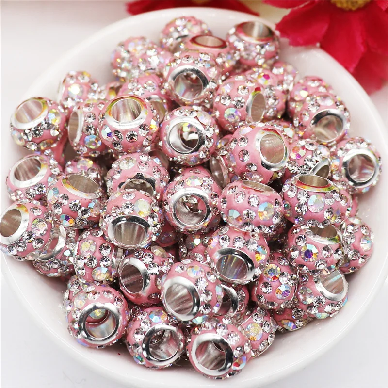 

20Pcs Large Hole Rhinestone European Rondelle Beads Slide Charm Beads Diamond Hair Beads Polymer Clay for DIY Bracelet Jewelry