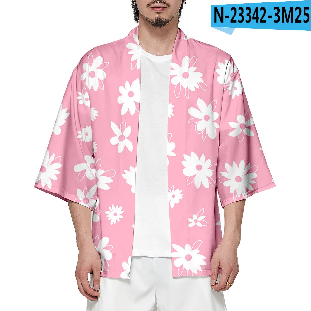 3XL-6XL Men Print Flowers Kimono Robe 3/4 Sleeve Cardigan Chinese Casual Loose Home Shirts Summer New Bathrobe