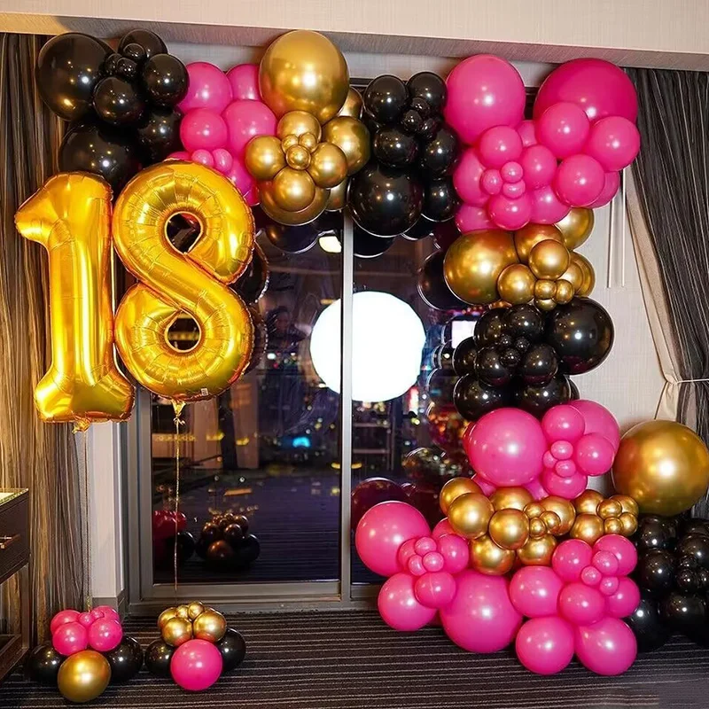 

Черные золотые воздушные шары Megenta, украшение для вечеринки в честь 18-го дня рождения, розовые воздушные шары для девичника, вечеринки в чест...