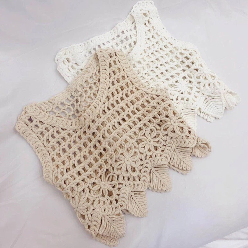 

Women Vacation Beach Crochet Sleeveless Crop Hollow Out Knit Plaid Floral Mini Vest Irregular Leaves Hem Cover Up топ женский