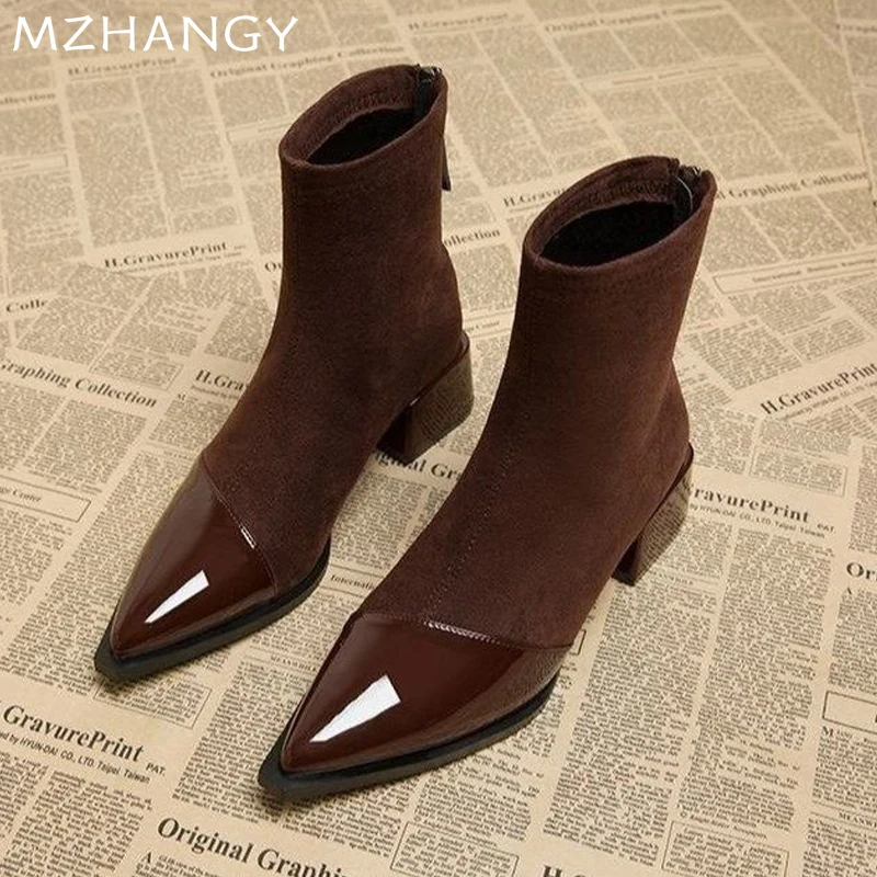 Женские замшевые ботильоны с острым носком модная обувь на среднем каблуке