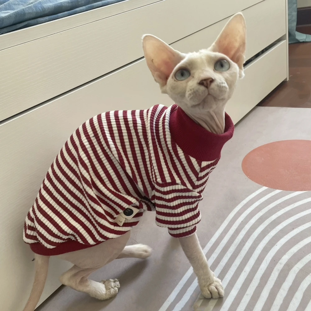 

Cat Clothing Red Striped Soft T-Shirt for sphnyx Cat Cotton Coat For Kittens Dogs Soft High elasticity SweatShirt for Devon Rex
