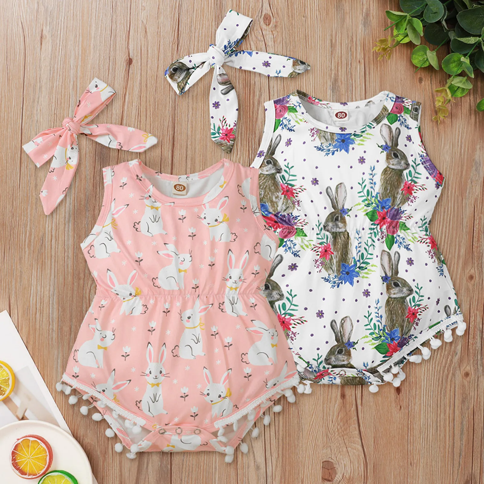 

Easter Baby Romper For Girls Fashion Baby Bodysuit Headband Set Cartoon Bunny Printed Sleeveless New Born Baby Girl Clothes