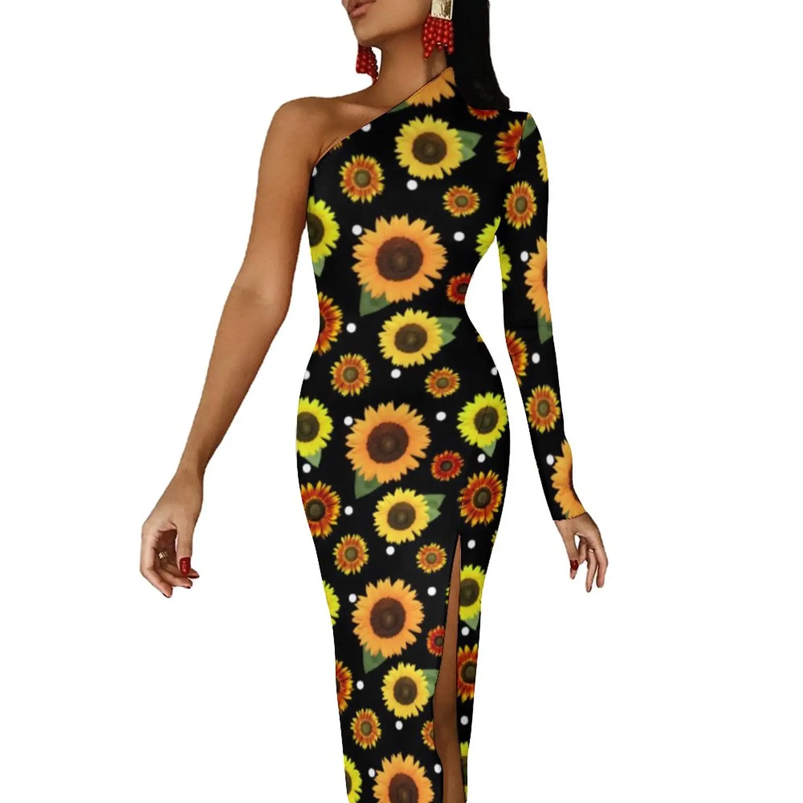 

Sunflower Polka Dots Long Dress Women Vintage Floral Print Street Style Maxi Dress Night Club Bodycon Dresses High Slit Vestidos