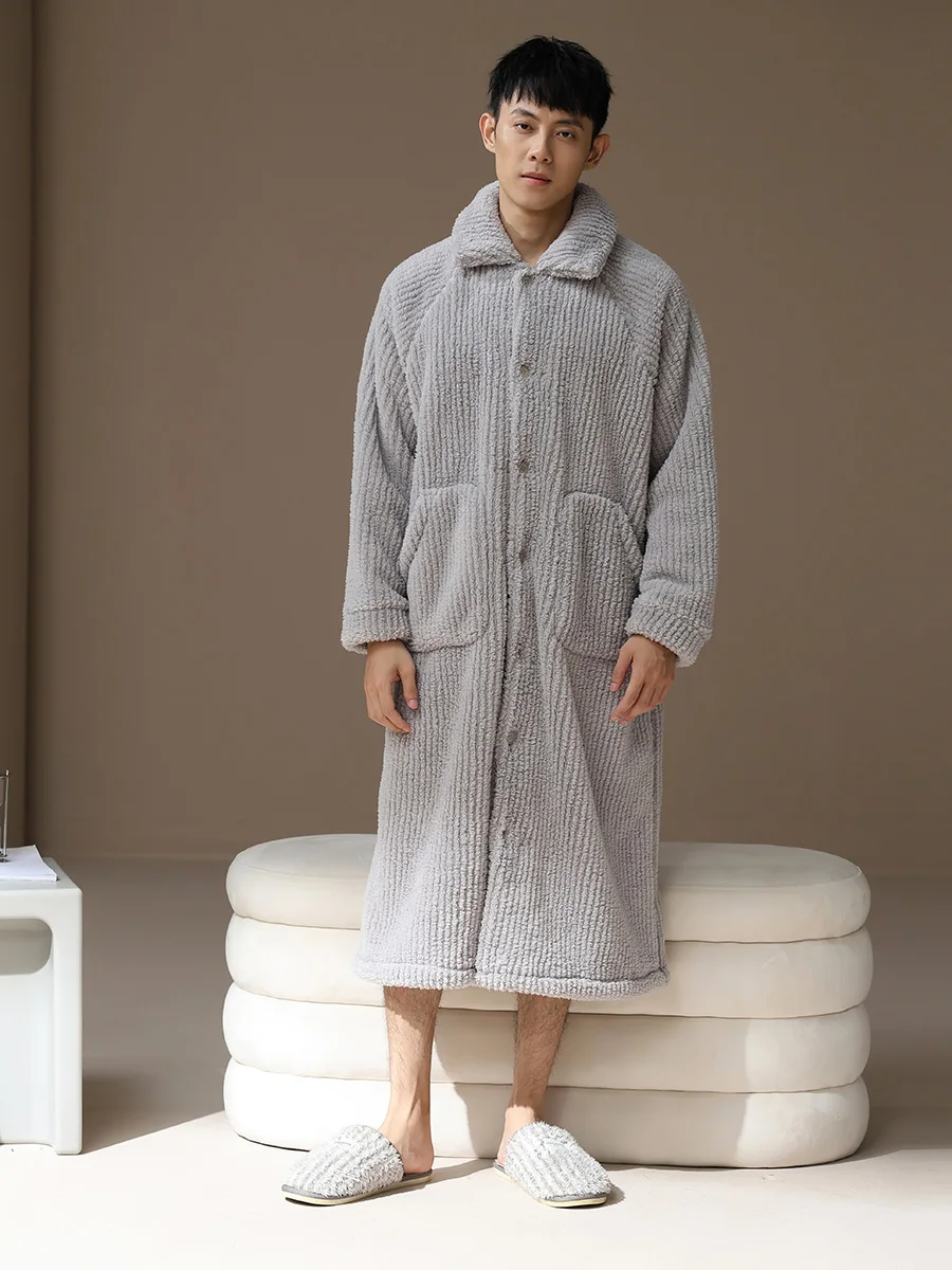 [Утолщенная флисовая подкладка] ночная рубашка мужская осенне-зимняя теплая