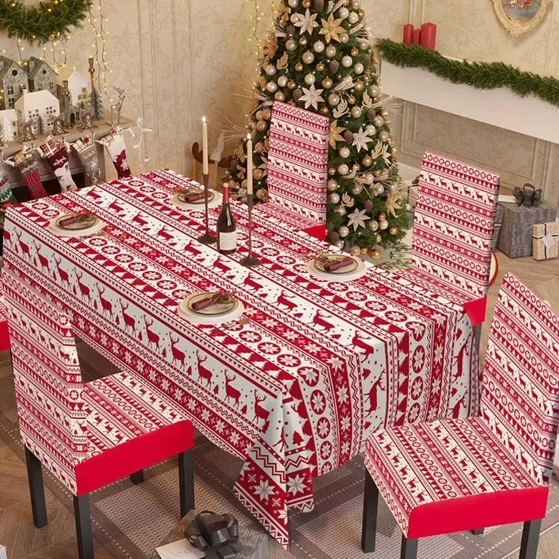 

Christmas Table Cloth Cover Elastic Dinner Tablecloth Snowflake Pattern Christmas Spandex Dining Chair Covers Xmas Party Decor