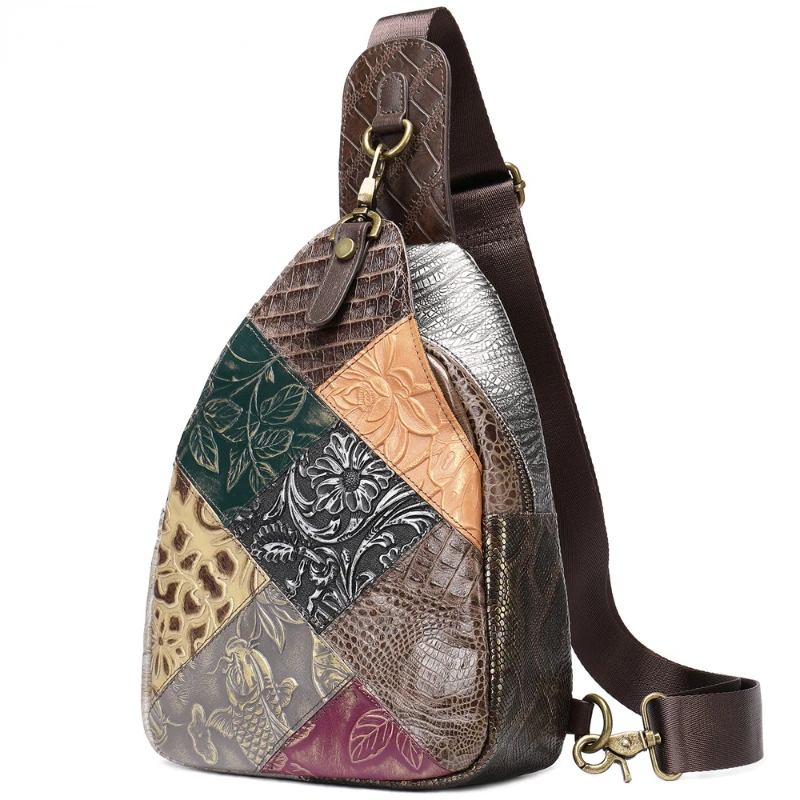 

New ethnic style personality leather chest bags female ins retro first layer cowhide stitching ladies crossbody bags