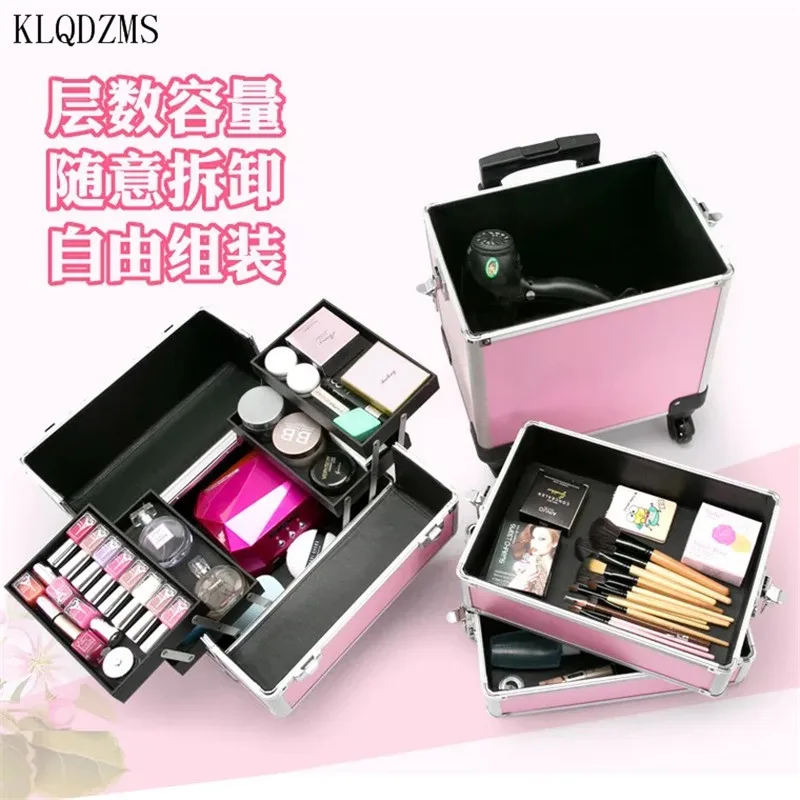 KLQDZMS New Women's Large-capacity Trolley Suitcase Fashion Beautician Makeup Bag Removable with Wheel Roller Hand Luggage images - 6