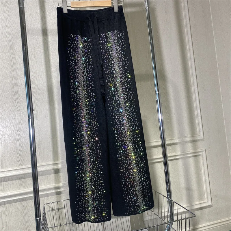 

2023 Winter Knitted Pants For Women Wide Leg High Waisted Trousers Casual Office Ladies Black Pink Thicken Warm Pants