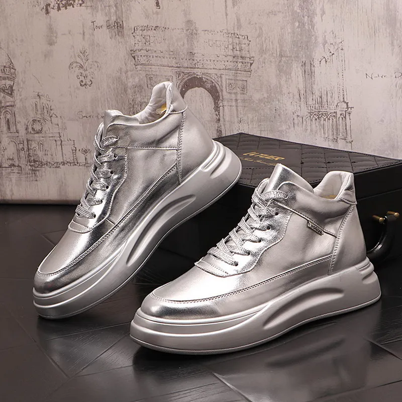 

Hot Selling Designer Men Silver Casual Shoes High Top Skateboard Trending Leisure Daily Younger Male Cowboy Sport 38-43 ERRFC