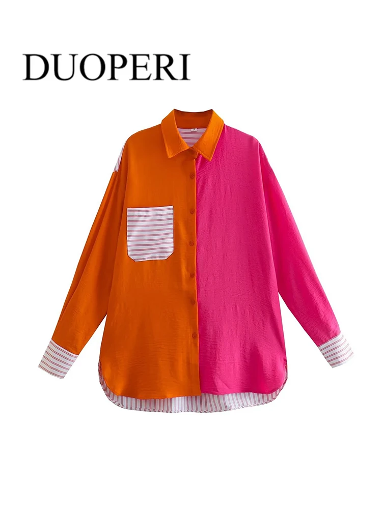 

DUOPERI Women Fashion Patchwork Stripe Blouse With Pocket Vintage Single Breasted Long Sleeves Female Chic Shirts Outfits