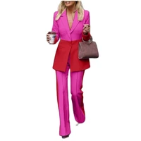 bussinss rosy red patchwork women suit fared pants one button notched lapel slim lady blazer set office female clothing
