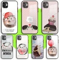 liquid tempered glass case for iphone 13 11 12 mini pro max xs xr x 7 8 6 plus se2 silicone cover protection cartoon hedgehog