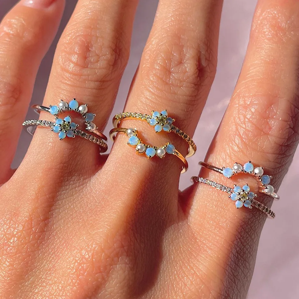 

New Ins Exquisite Blue Flower Ring For Women Gold-plated Copper Vintage Zircon Rings Set Fashion Aesthetic Jewelry Gift