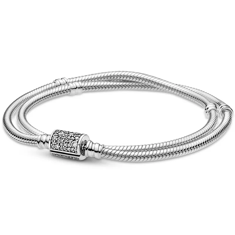 

Authentic 925 Sterling Silver Double Wrap Barrel Clasp Snake Chain Two Way Bracelet Bangle Fit Bead Charm Diy Fashion Jewelry