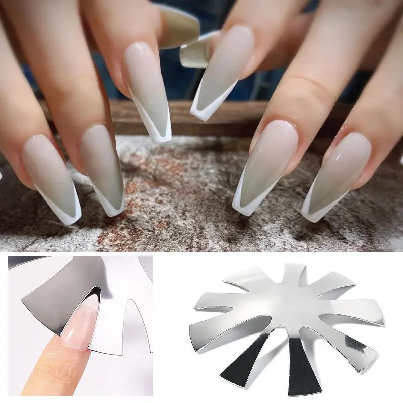 

French Nail Art V Line Nail Template Smile Line Edge Cutter Stencil Almond Shape Nail Art Tool Stainless Steel New French Tips
