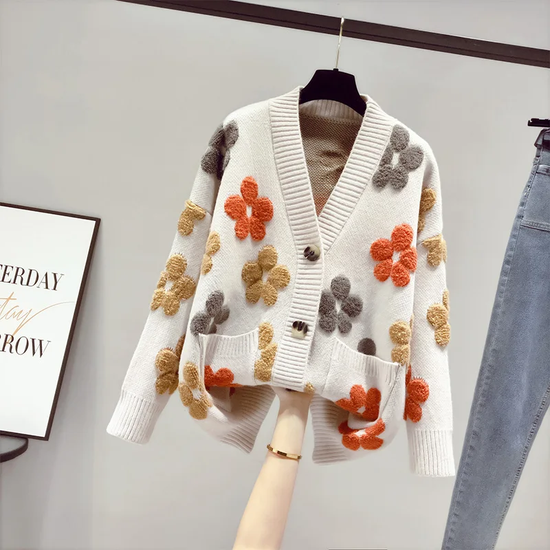 

Richkeda Store Spring Autumn Fashion New Women's Knitted Long-sleeved V-neck Sweater Cardigan Jacket Women Loose Western Style
