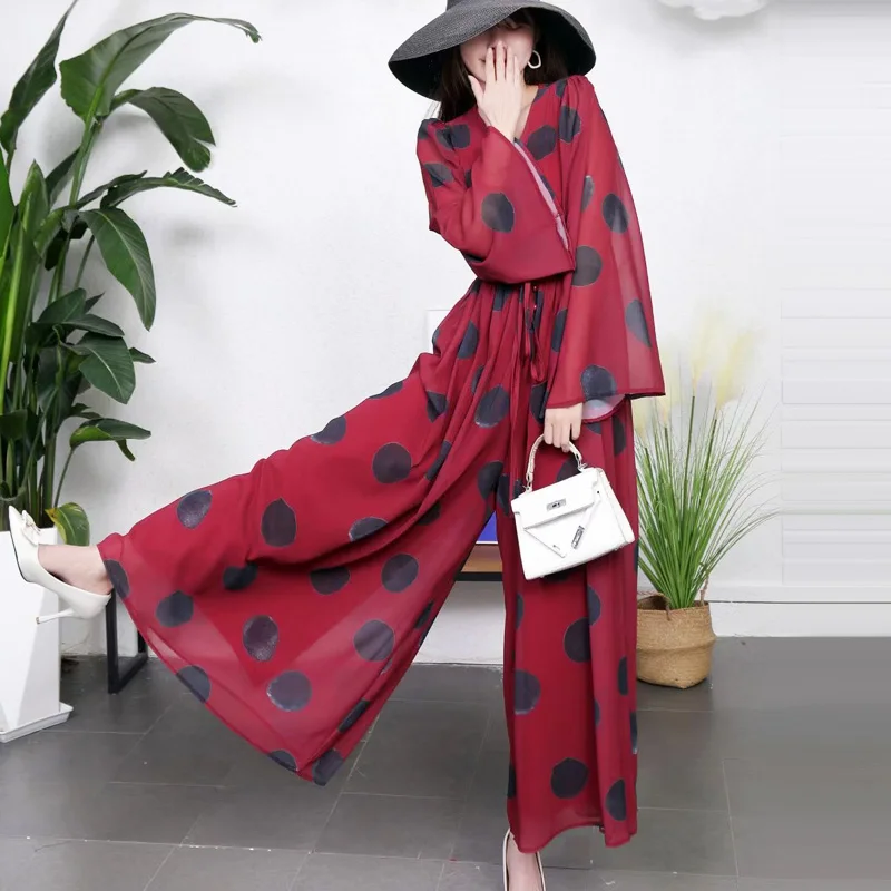 

SuperAen 2022 Spring/summer Flare Sleeve Wave Print Casual Retro Beach Wide-leg Jump Suits for Women