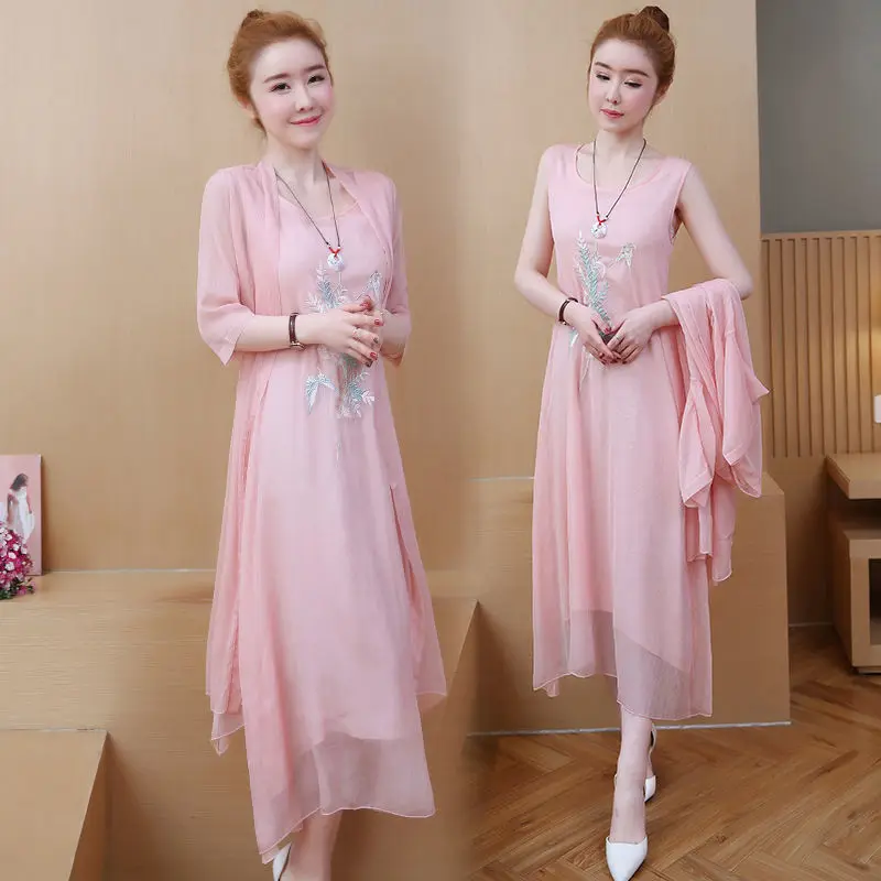

Fashion Dress Suit Female 2023 Summer Korean High Waist Floral Print Pleated Dresses Chiffon Two-piece Suit 4XL E151