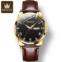 olevs 6896 waterproof great quality dual calendar men wristwatch quartz fashion genuine leather strap watches for men luminous