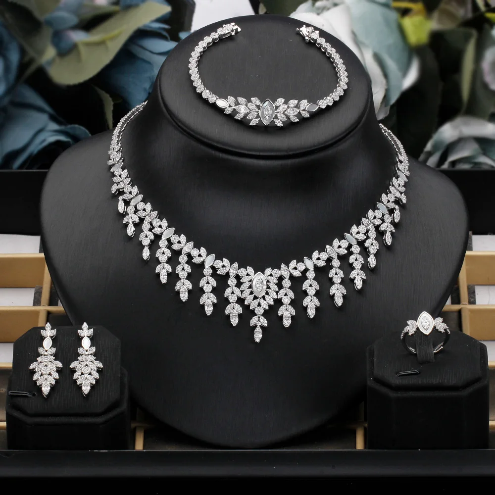 

JEWEL Luxury Big 4pcs Bridal Jewelry Set With Cubic Zirconia for Saudi Arabic Dubai Women Party Wedding Dresses Accessories