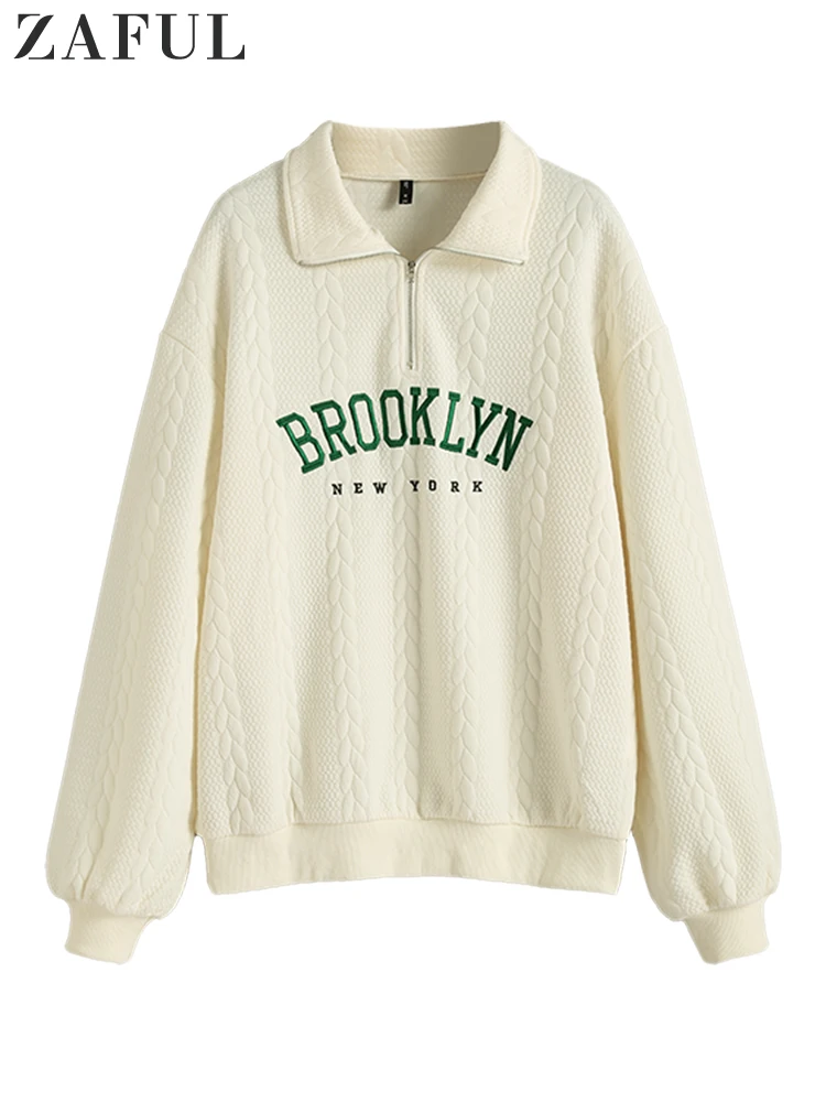 

ZAFUL Hoodie for Women Sweats BROOKLYN NEW YORK Embroidered Quarter Zip Cable Textured Sweatshirt Women's Winter Clothes Women