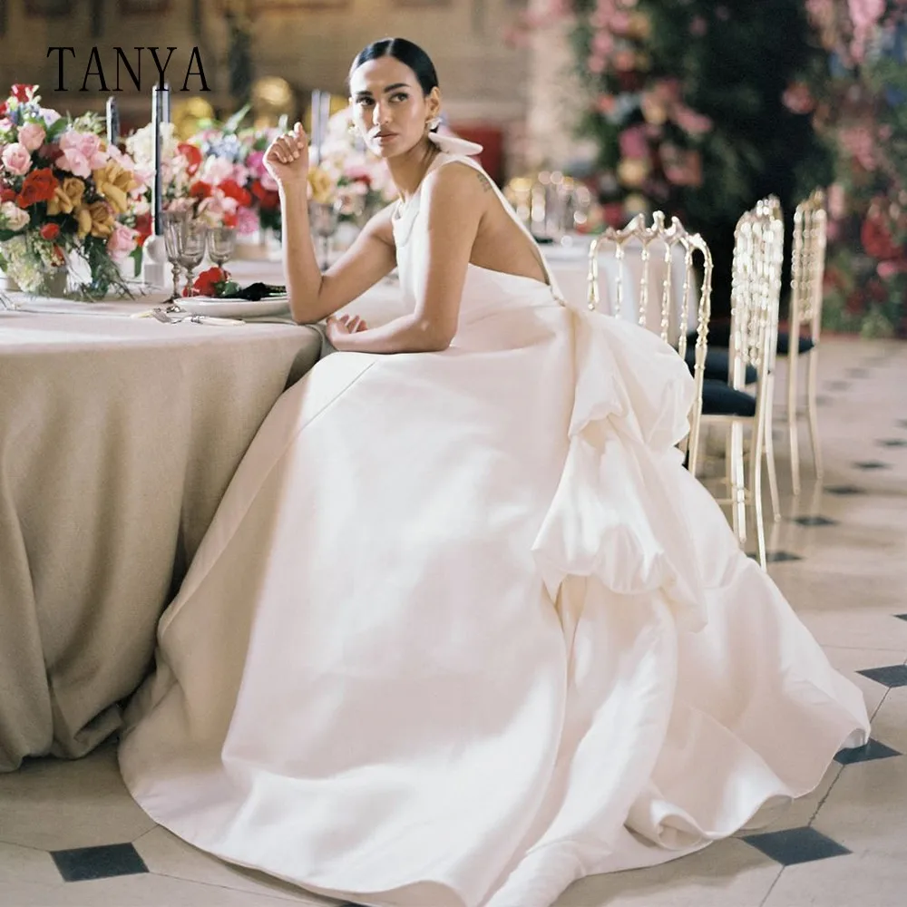 Элегантное свадебное платье с круглым вырезом атласное ТРАПЕЦИЕВИДНОЕ ПЛАТЬЕ С